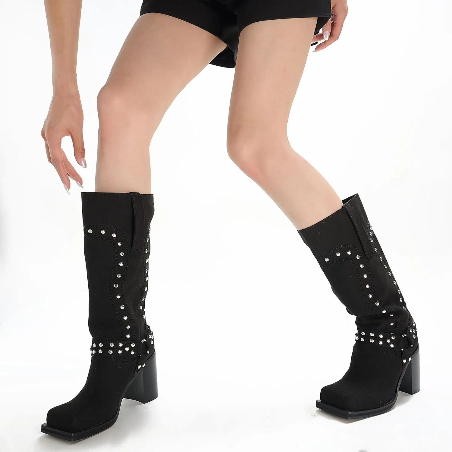 Women's Mid Calf Boots Motorcycle Biker Boots Studded Buckle Square Toe Pull On Block Heeled Booties Fashion Suede Riding Shoes for Women