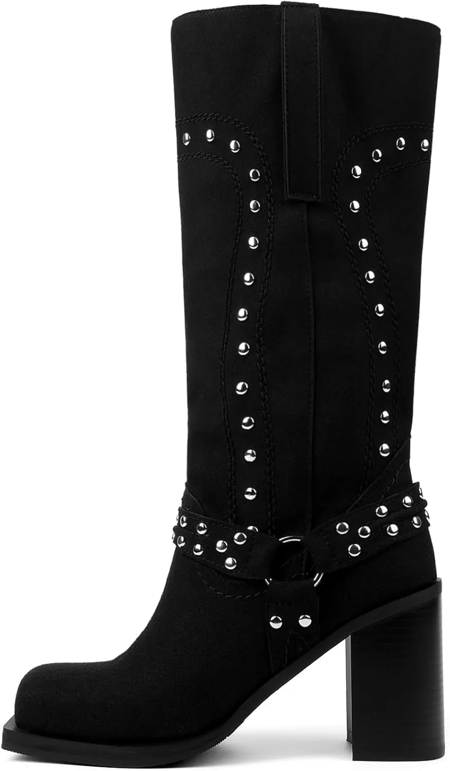 Women's Mid Calf Boots Motorcycle Biker Boots Studded Buckle Square Toe Pull On Block Heeled Booties Fashion Suede Riding Shoes for Women