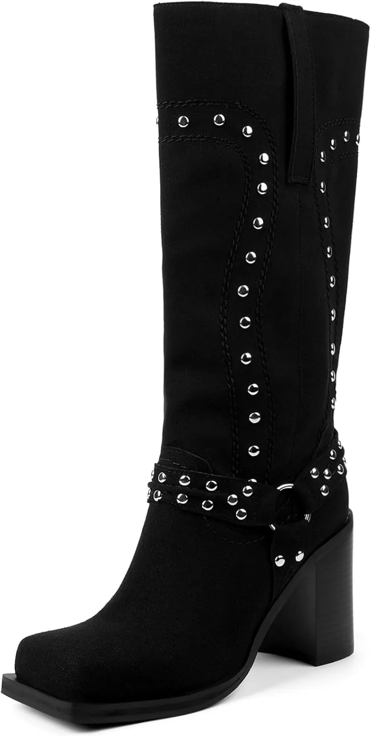 Women's Mid Calf Boots Motorcycle Biker Boots Studded Buckle Square Toe Pull On Block Heeled Booties Fashion Suede Riding Shoes for Women