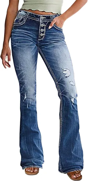 Women's Mid Wasited Flare Ripped Stretchy Jeans Bootcut Slim Button Fly Y2K Bell Bottom Denim Pants