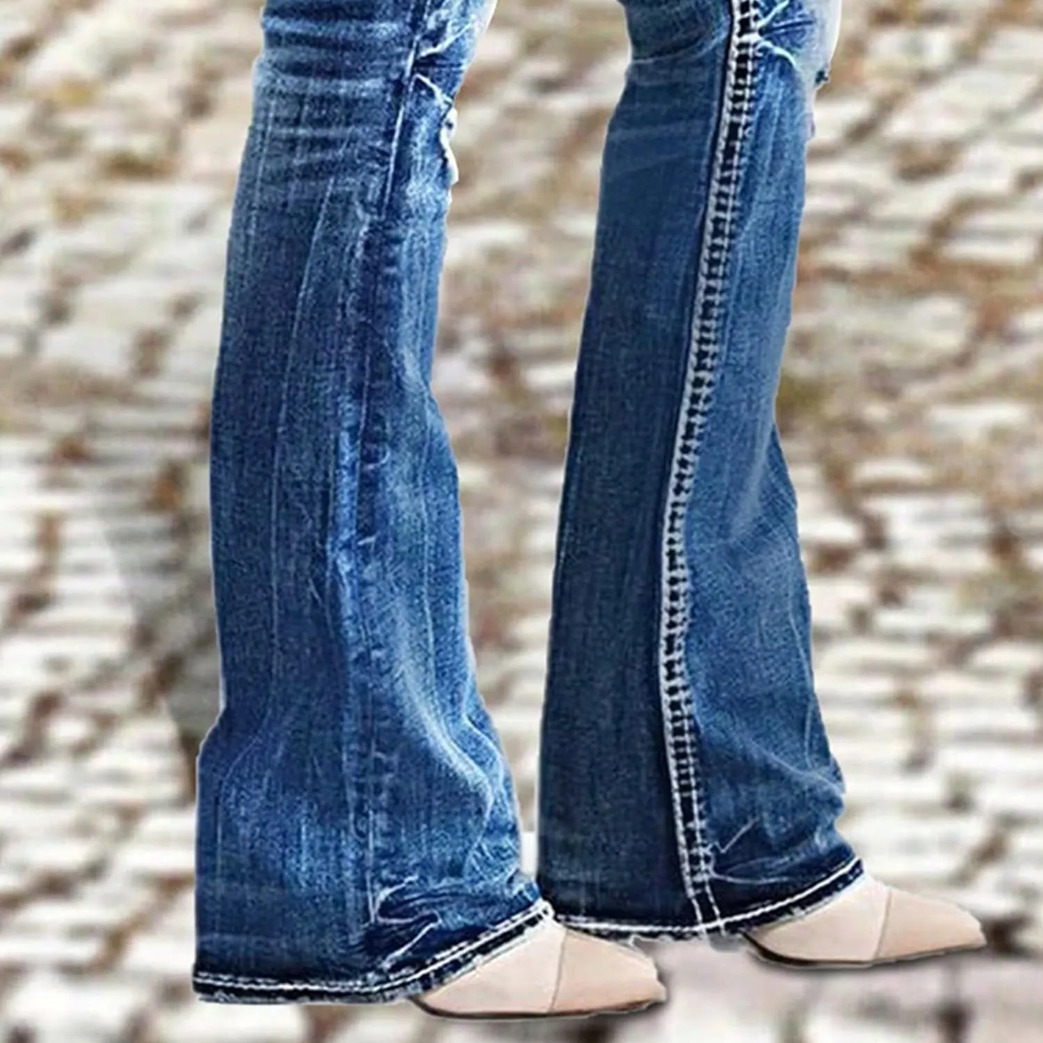 Women's Mid Wasited Flare Ripped Stretchy Jeans Bootcut Slim Button Fly Y2K Bell Bottom Denim Pants