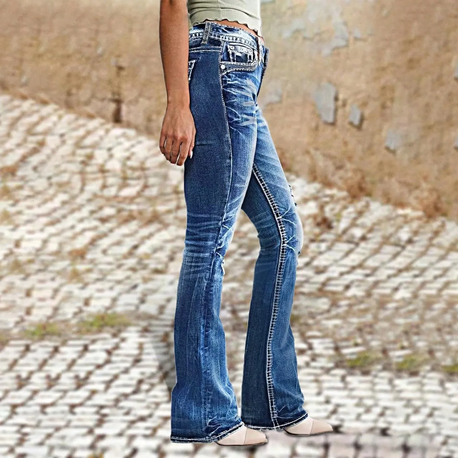 Women's Mid Wasited Flare Ripped Stretchy Jeans Bootcut Slim Button Fly Y2K Bell Bottom Denim Pants