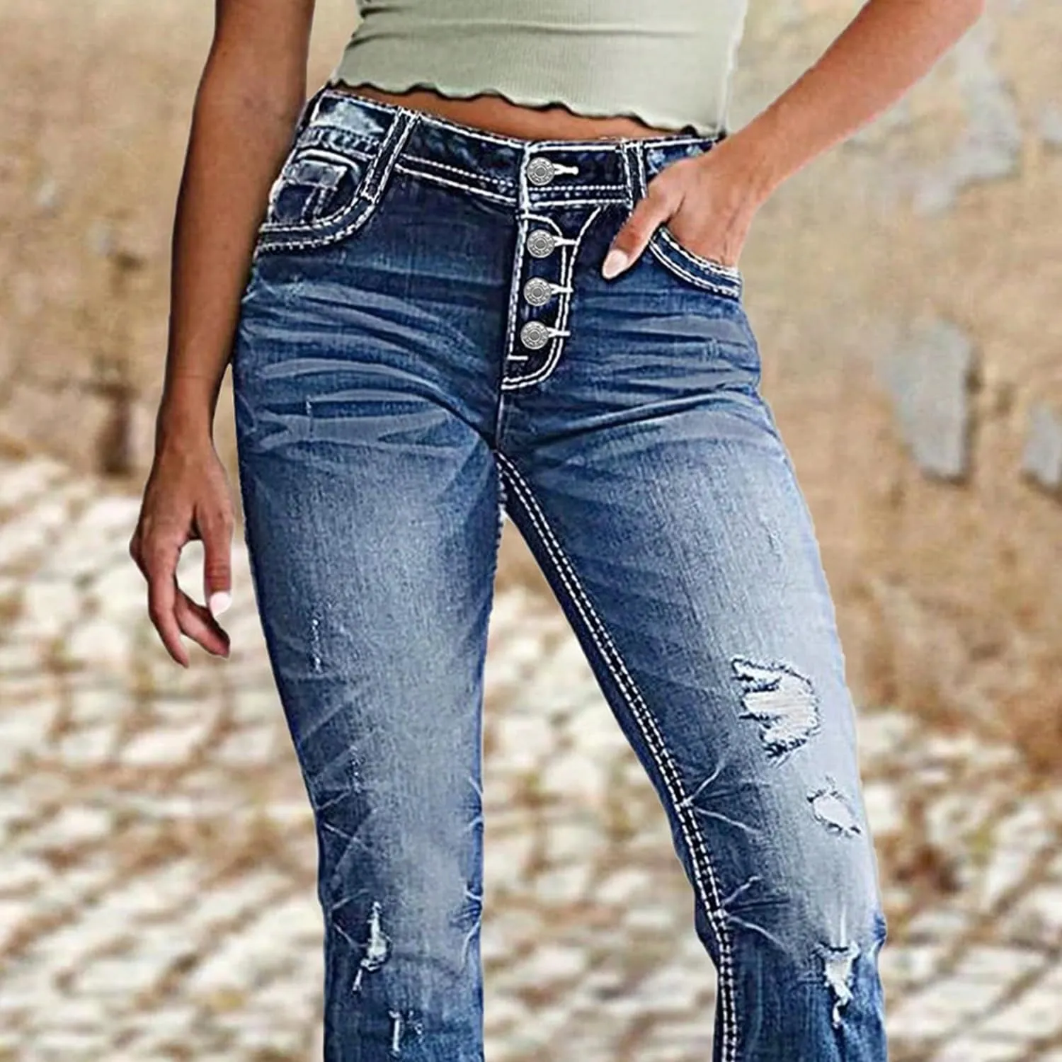 Women's Mid Wasited Flare Ripped Stretchy Jeans Bootcut Slim Button Fly Y2K Bell Bottom Denim Pants