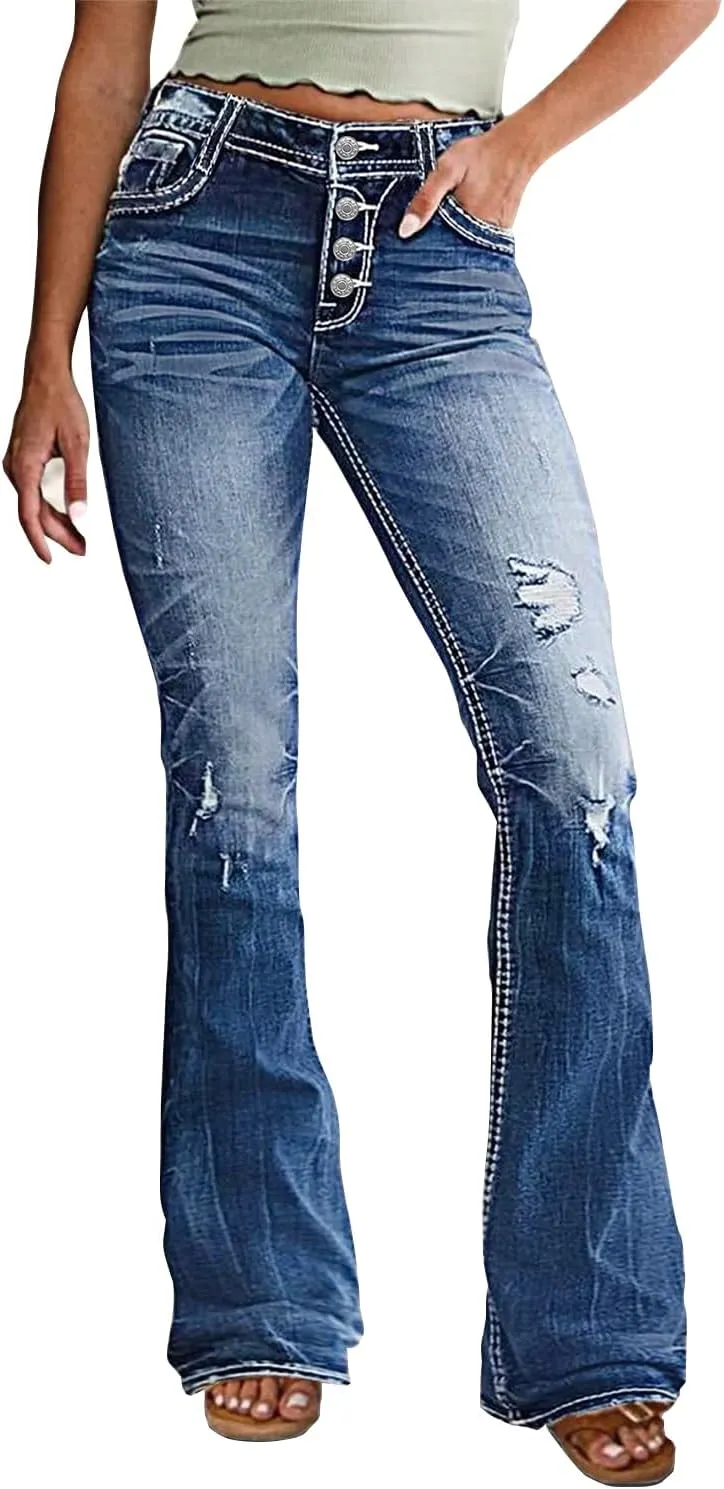 Women's Mid Wasited Flare Ripped Stretchy Jeans Bootcut Slim Button Fly Y2K Bell Bottom Denim Pants