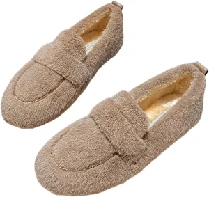 Womens Moccasin Slippers Fuzzy Loafers for Women Slip On Faux Fur Outdoor Shoes Winter Fuzzy Ballet Flats Mary Jane Flat Shoes