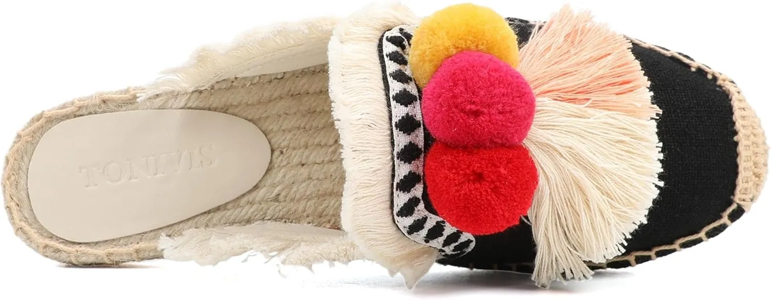Women's Mule Flat Shoes with Tassel & Pompom, Espadrilles Slides Backless Slipper Slip on Shoes