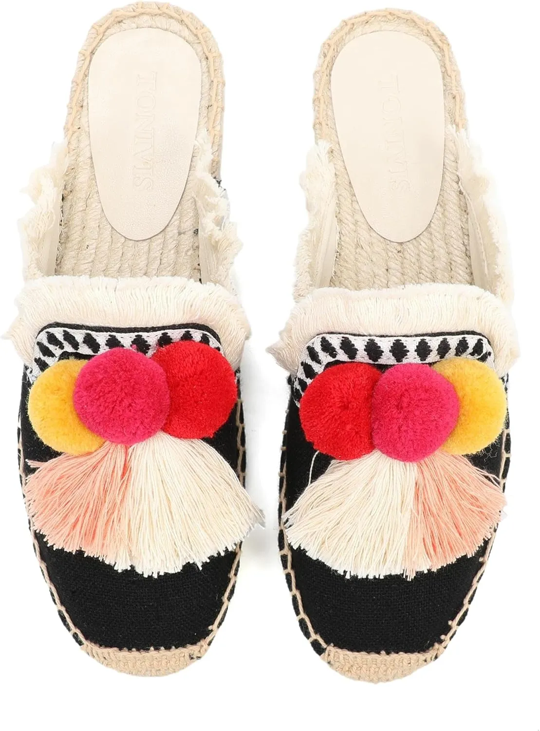 Women's Mule Flat Shoes with Tassel & Pompom, Espadrilles Slides Backless Slipper Slip on Shoes