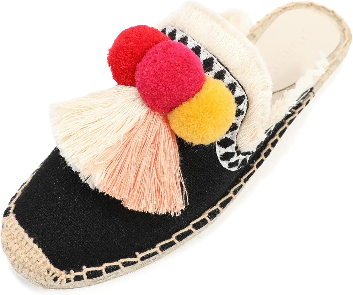 Women's Mule Flat Shoes with Tassel & Pompom, Espadrilles Slides Backless Slipper Slip on Shoes