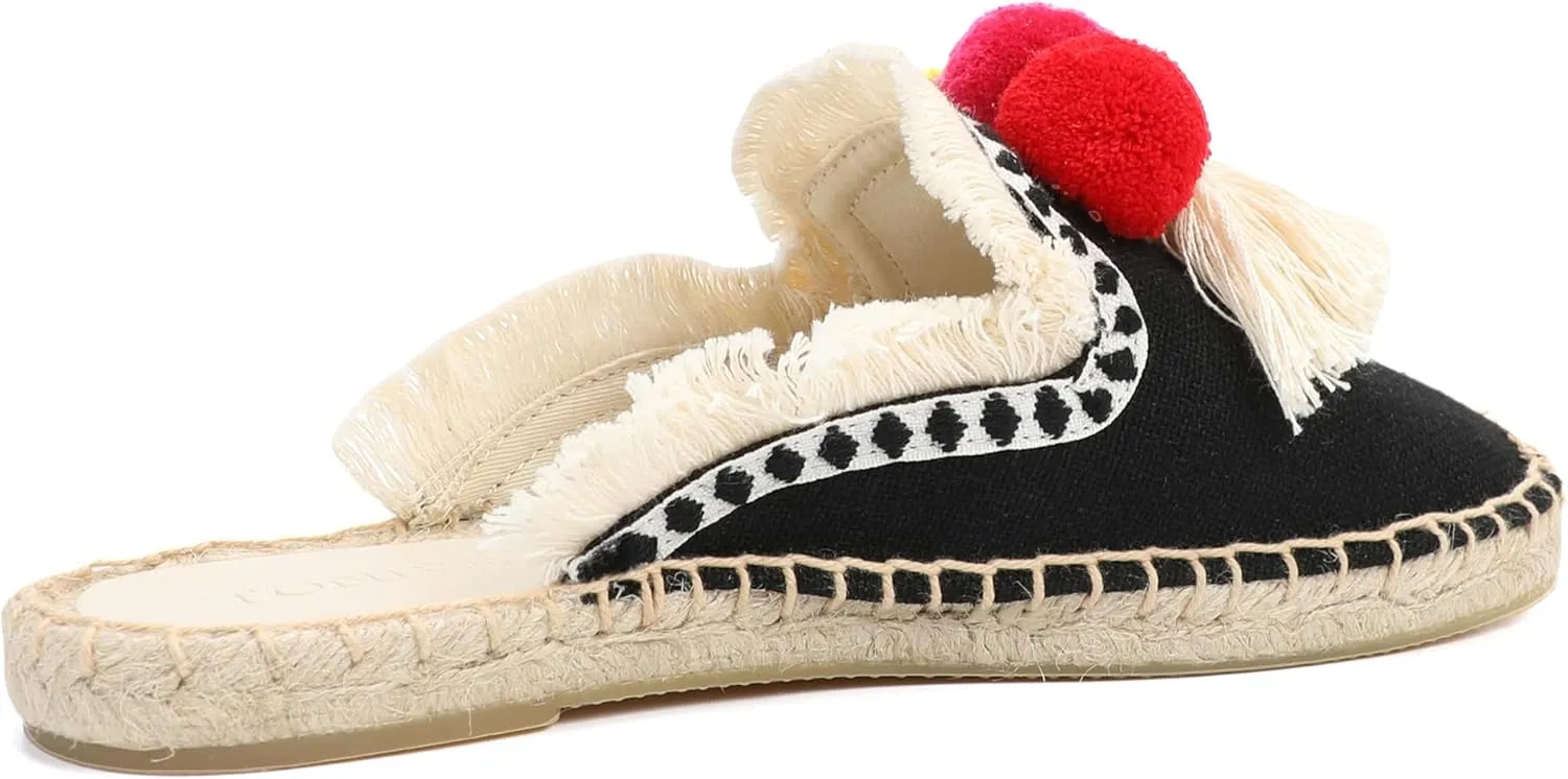 Women's Mule Flat Shoes with Tassel & Pompom, Espadrilles Slides Backless Slipper Slip on Shoes