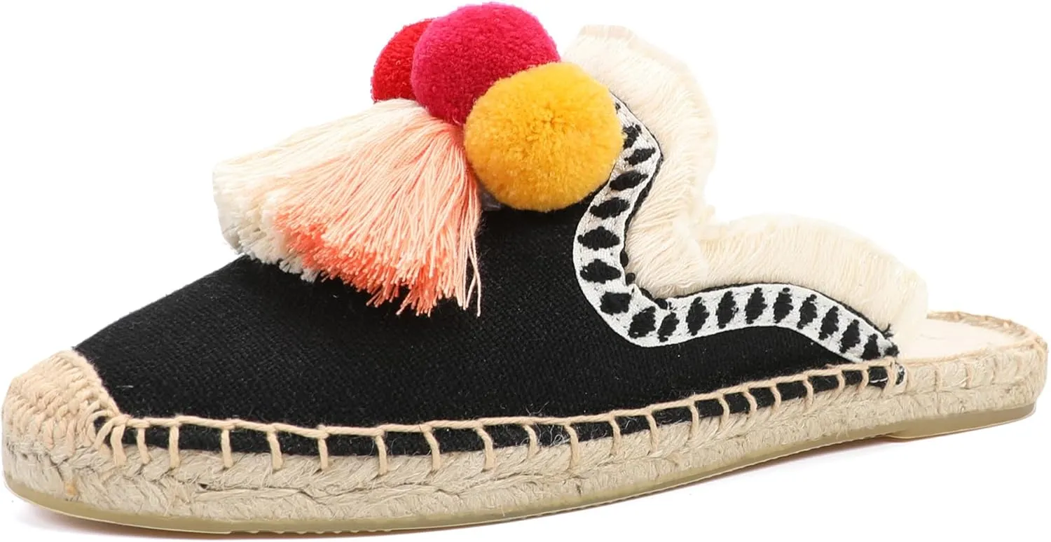 Women's Mule Flat Shoes with Tassel & Pompom, Espadrilles Slides Backless Slipper Slip on Shoes