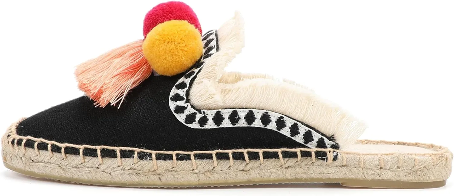 Women's Mule Flat Shoes with Tassel & Pompom, Espadrilles Slides Backless Slipper Slip on Shoes