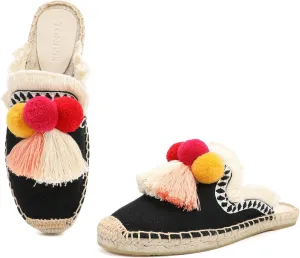 Women's Mule Flat Shoes with Tassel & Pompom, Espadrilles Slides Backless Slipper Slip on Shoes