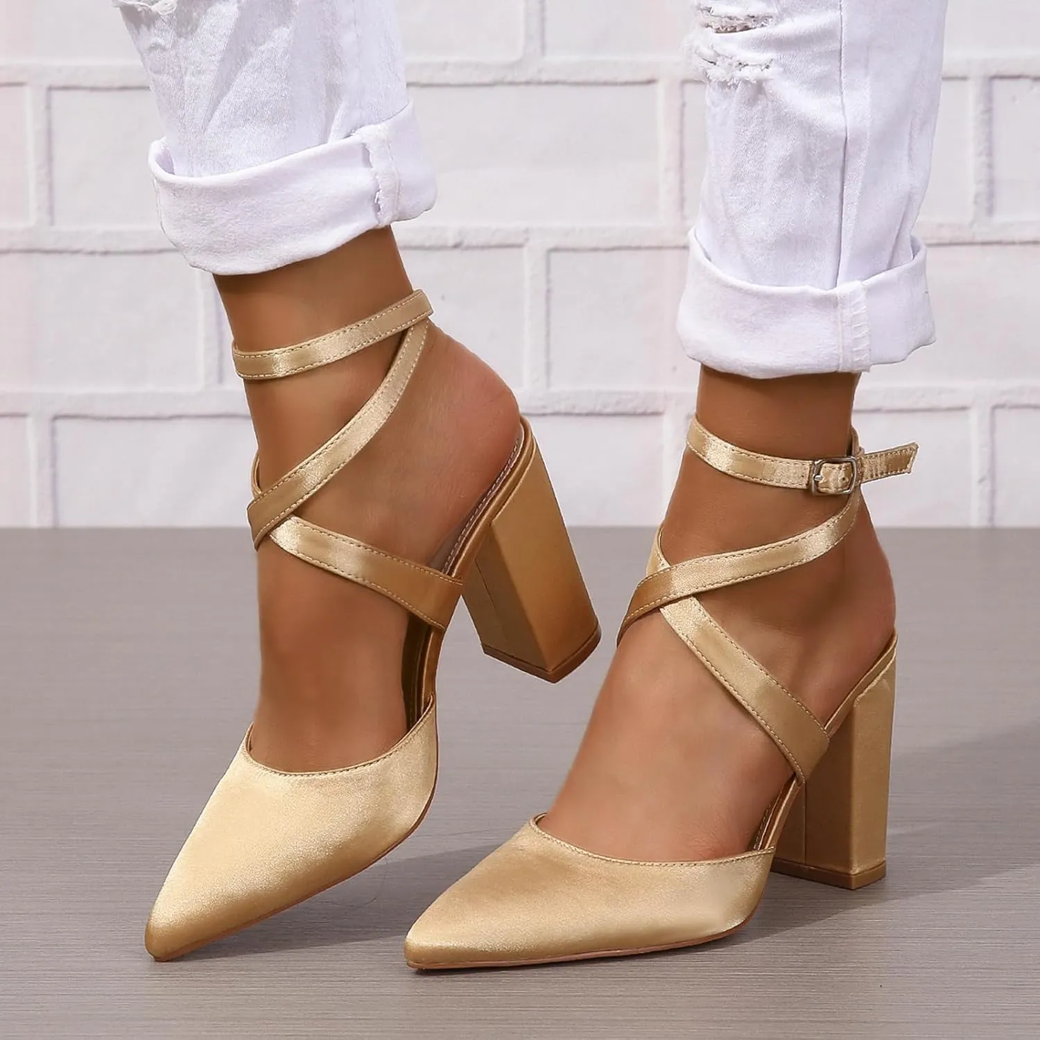 Women's Poined Toe Satin Wedding Shoes for Bride Block Heel Bridal Shoes Cross Strap Proming Evening Dress Pumps
