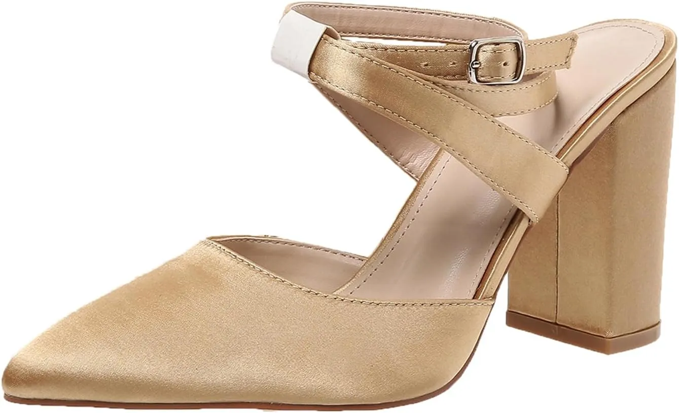 Women's Poined Toe Satin Wedding Shoes for Bride Block Heel Bridal Shoes Cross Strap Proming Evening Dress Pumps