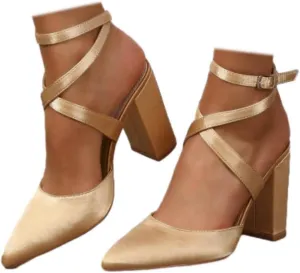Women's Poined Toe Satin Wedding Shoes for Bride Block Heel Bridal Shoes Cross Strap Proming Evening Dress Pumps
