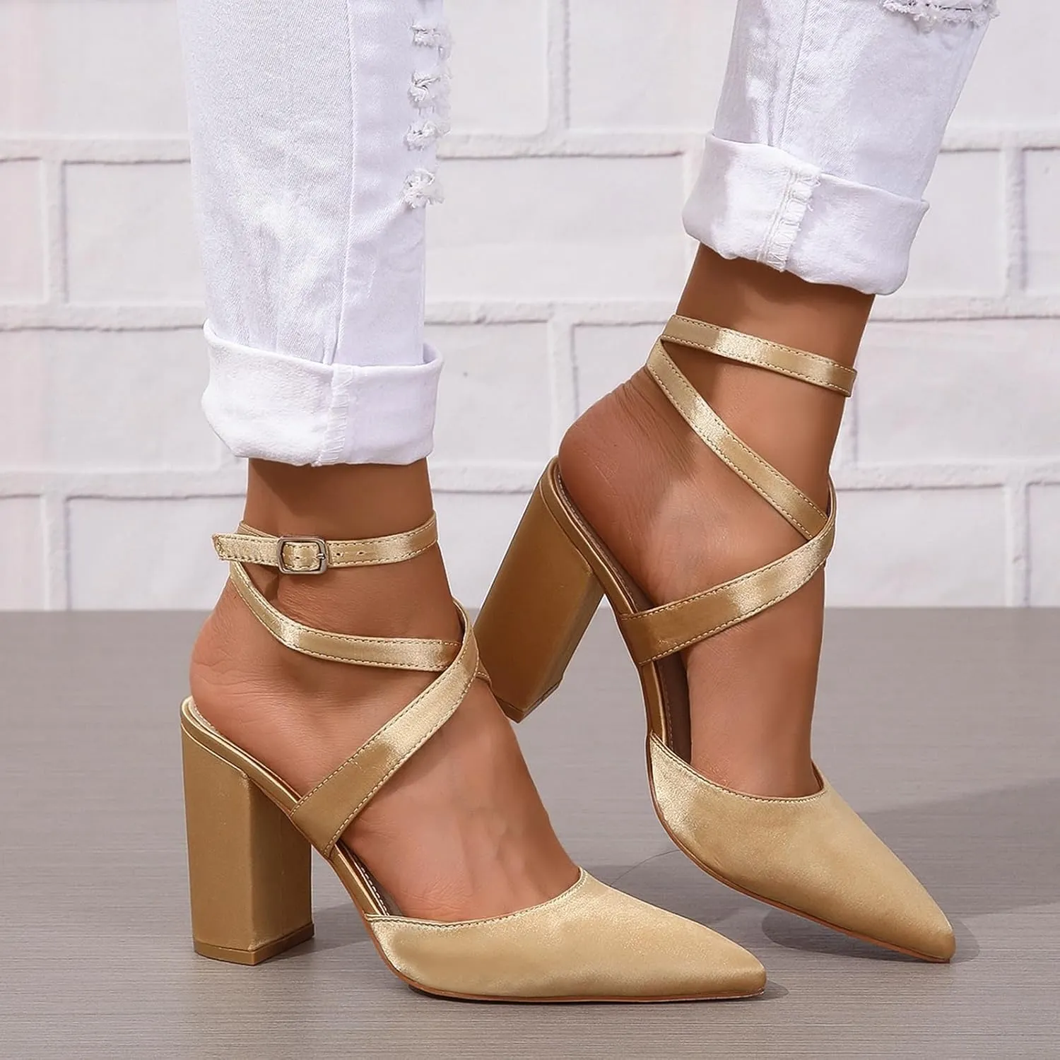 Women's Poined Toe Satin Wedding Shoes for Bride Block Heel Bridal Shoes Cross Strap Proming Evening Dress Pumps