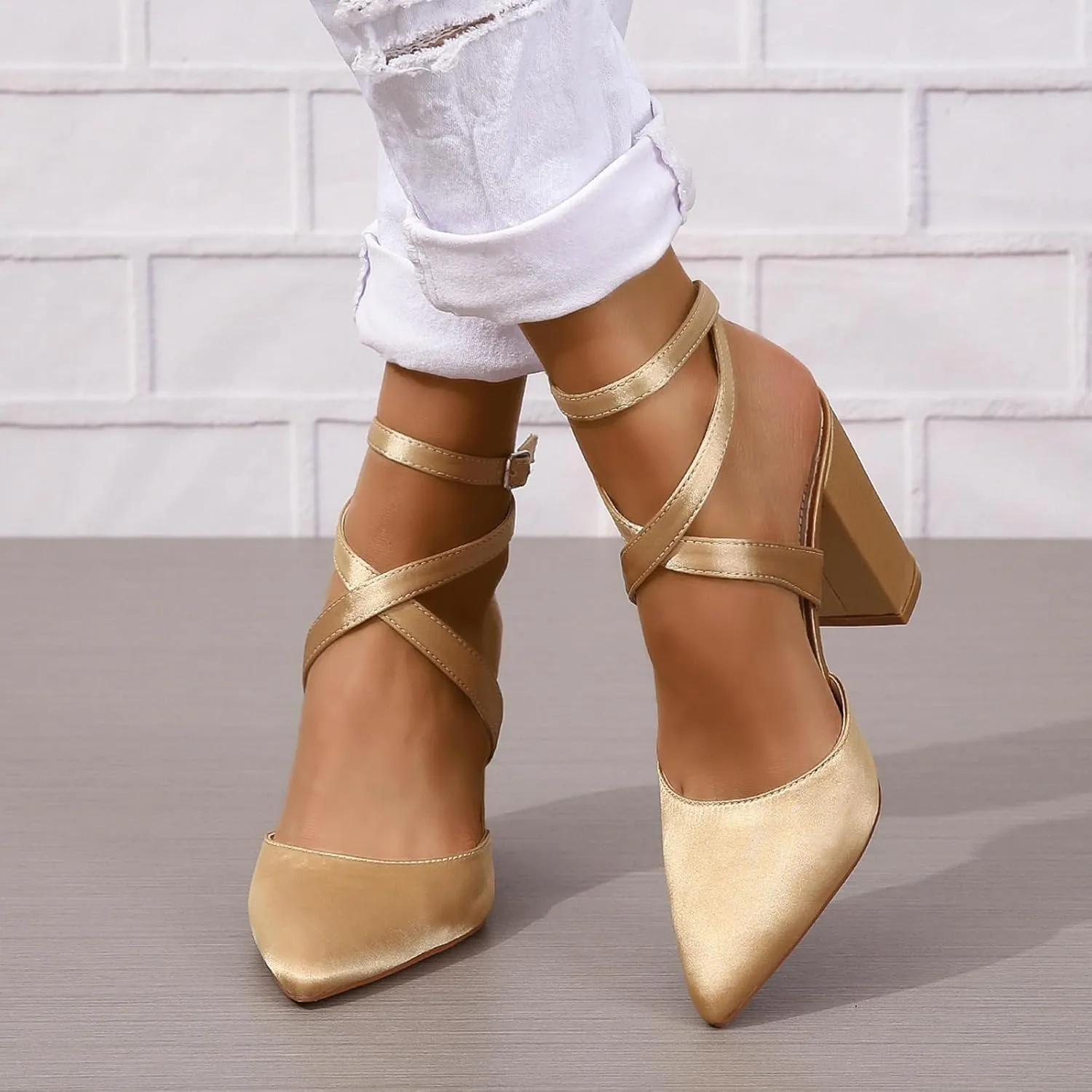 Women's Poined Toe Satin Wedding Shoes for Bride Block Heel Bridal Shoes Cross Strap Proming Evening Dress Pumps