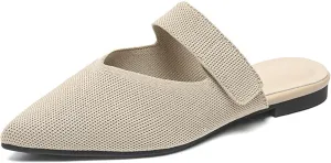 Women's Pointed Toe Flat Mules Adjustable Hook Loop Backless Slip-On Sandals Lightweight Comfort Breathable Knit Mesh Slides for Indoor & Outdoor Daily Wear