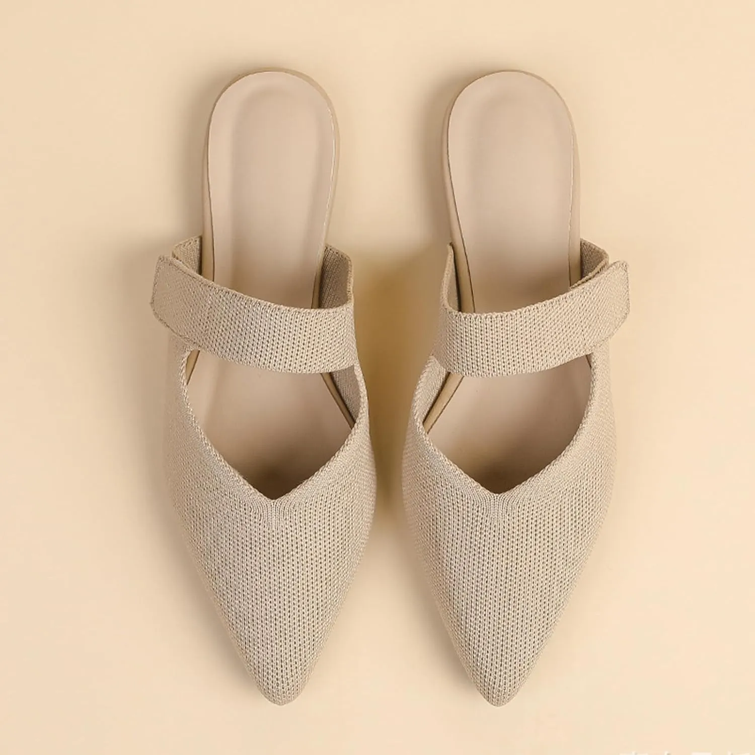 Women's Pointed Toe Flat Mules Adjustable Hook Loop Backless Slip-On Sandals Lightweight Comfort Breathable Knit Mesh Slides for Indoor & Outdoor Daily Wear