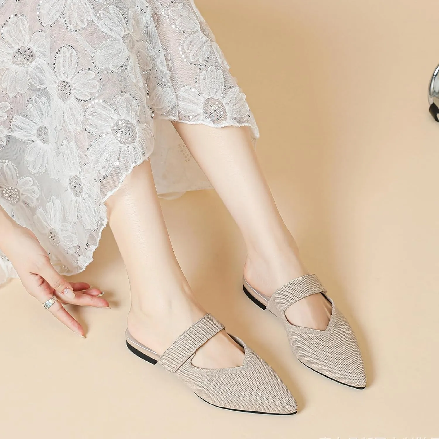 Women's Pointed Toe Flat Mules Adjustable Hook Loop Backless Slip-On Sandals Lightweight Comfort Breathable Knit Mesh Slides for Indoor & Outdoor Daily Wear