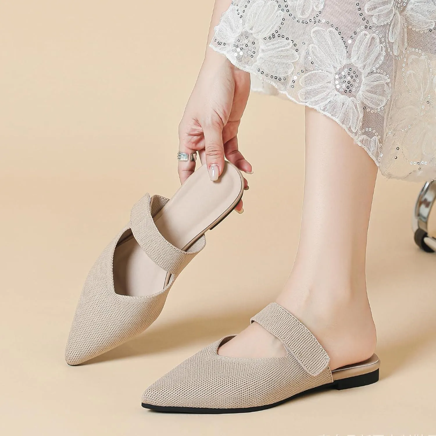 Women's Pointed Toe Flat Mules Adjustable Hook Loop Backless Slip-On Sandals Lightweight Comfort Breathable Knit Mesh Slides for Indoor & Outdoor Daily Wear