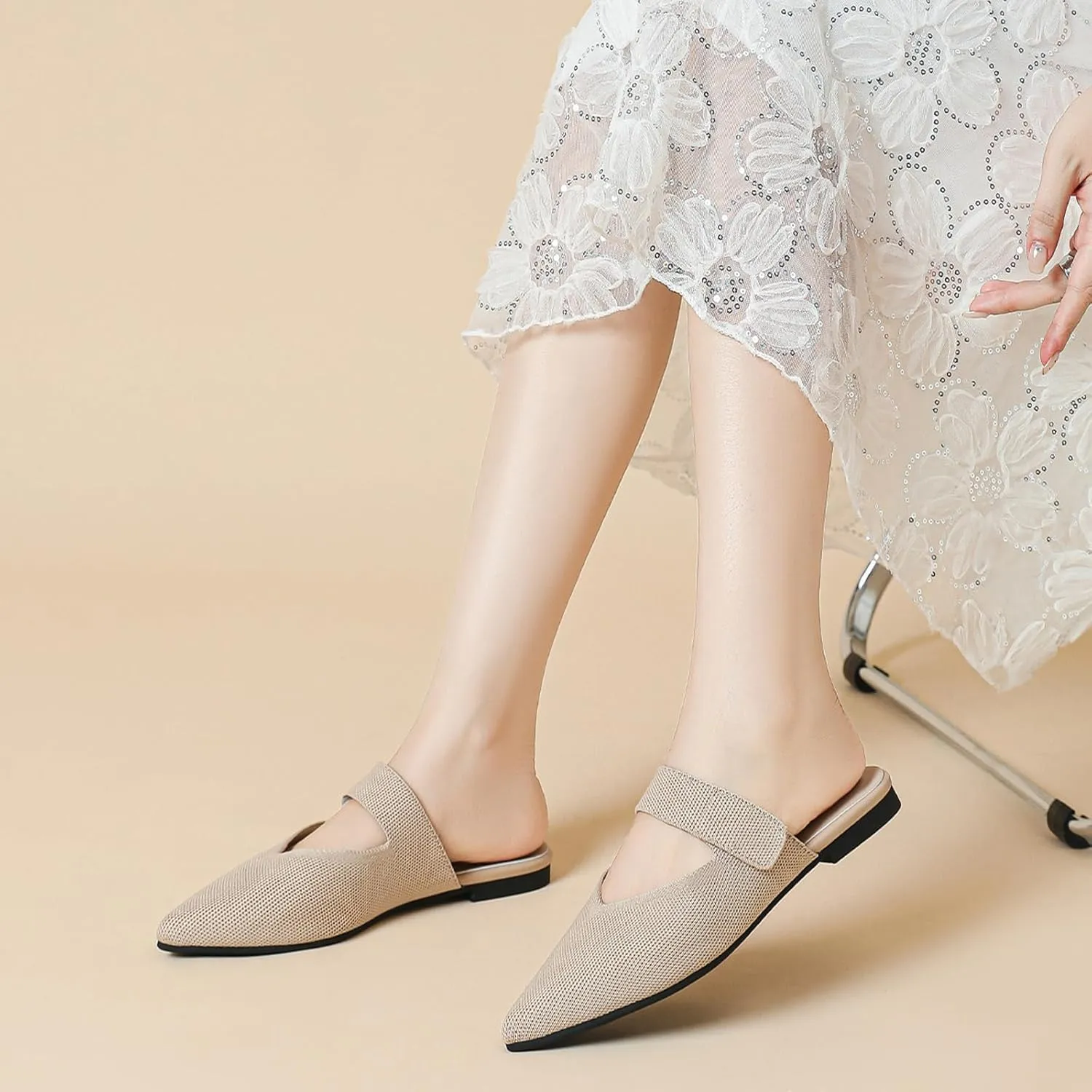 Women's Pointed Toe Flat Mules Adjustable Hook Loop Backless Slip-On Sandals Lightweight Comfort Breathable Knit Mesh Slides for Indoor & Outdoor Daily Wear