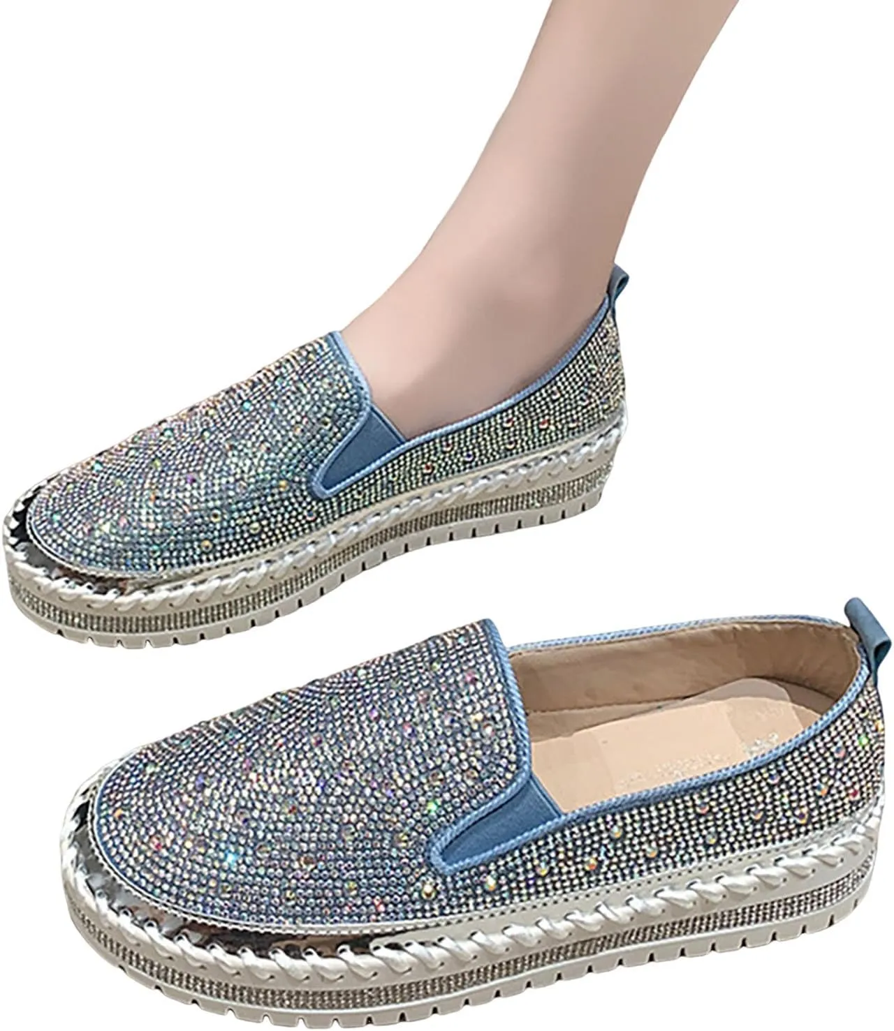Women's Rhinestone Loafers Soft Thick Bottom Sparkly Banquet Shoes Cushioned Slip-On Ballet Casual Shoes for Men with