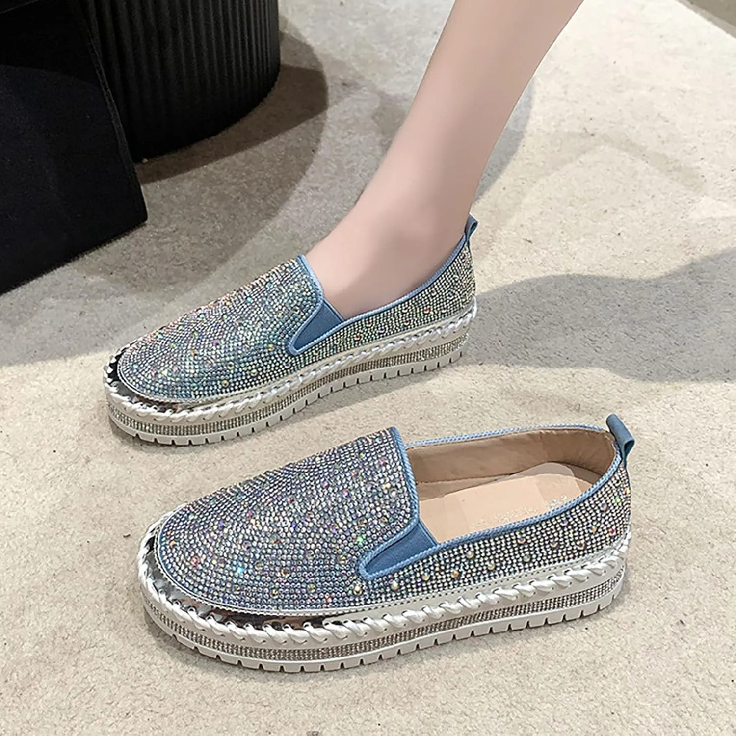 Women's Rhinestone Loafers Soft Thick Bottom Sparkly Banquet Shoes Cushioned Slip-On Ballet Casual Shoes for Men with