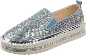 Women's Rhinestone Loafers Soft Thick Bottom Sparkly Banquet Shoes Cushioned Slip-On Ballet Casual Shoes for Men with