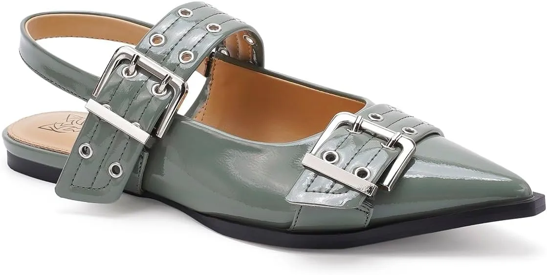 Women's Slingback Flats Studded Buckle Straps Flats Slip-On Slides Pointed Toe Flats Adjustable Strap Sandals Dressy Shoes