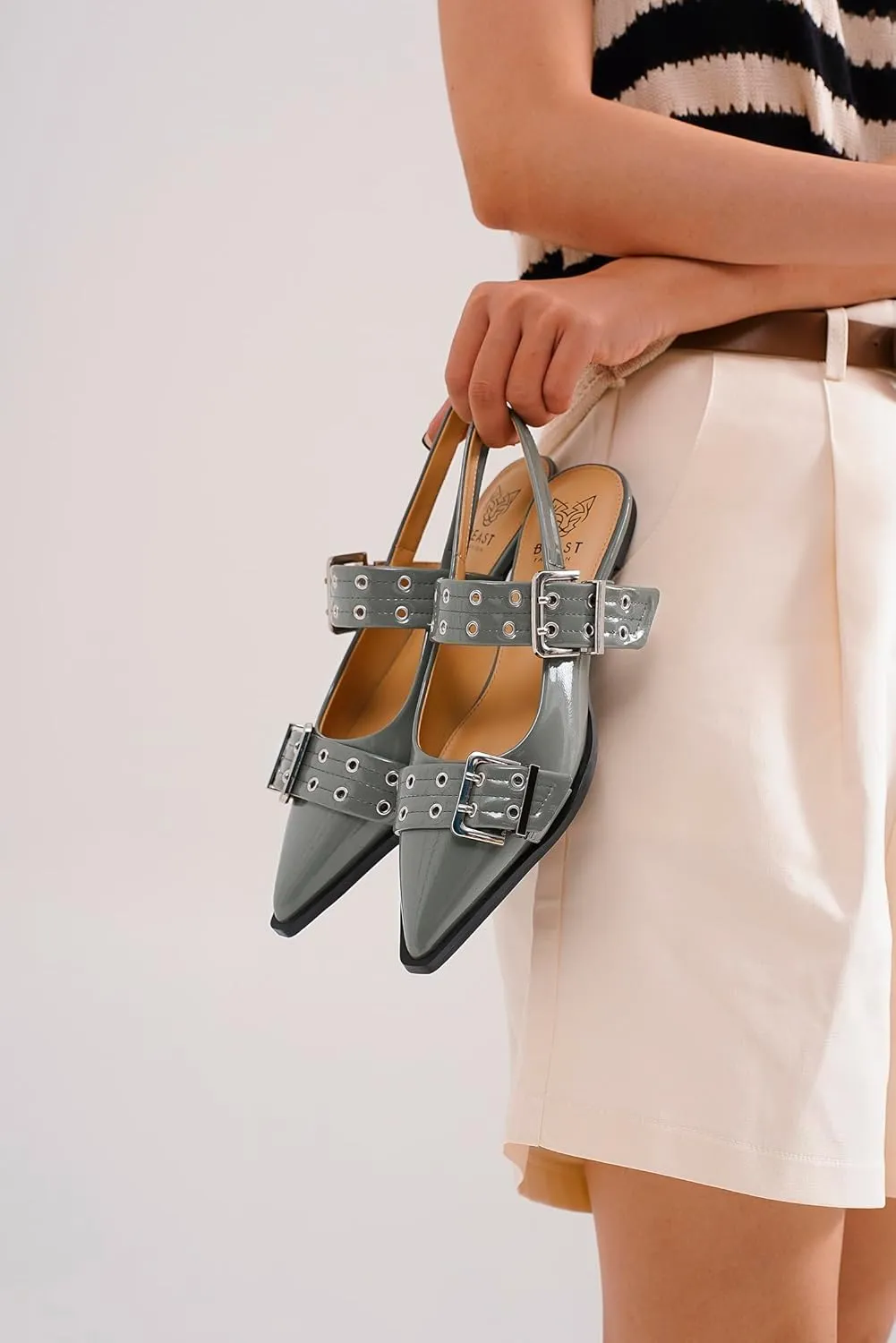 Women's Slingback Flats Studded Buckle Straps Flats Slip-On Slides Pointed Toe Flats Adjustable Strap Sandals Dressy Shoes
