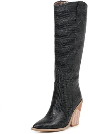 Womens Snake Print Knee High Boots Fashion Chunky Heel Pointed Toe Cowboy Boots Western Snakeskin Cowgirl Boots