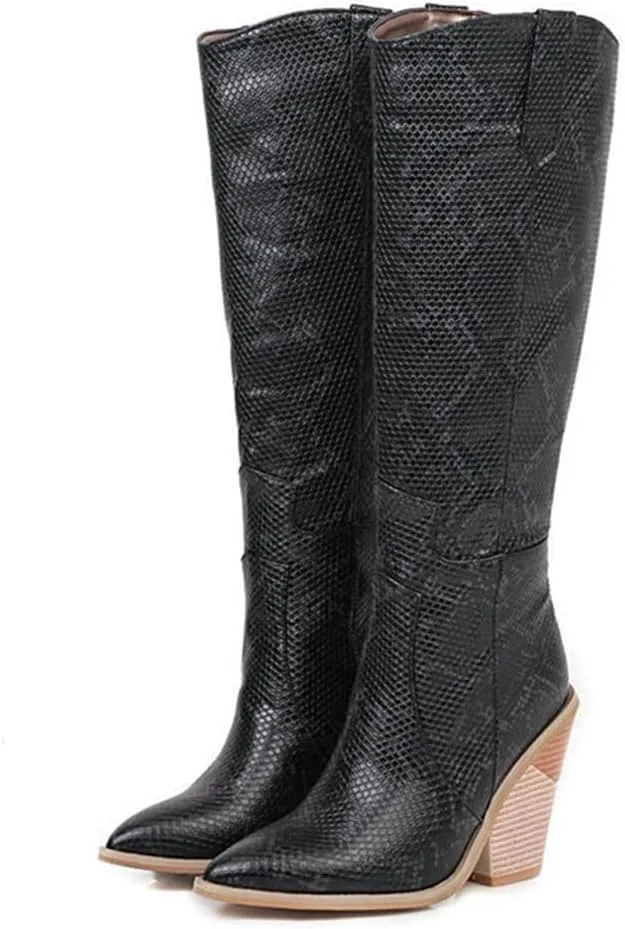 Womens Snake Print Knee High Boots Fashion Chunky Heel Pointed Toe Cowboy Boots Western Snakeskin Cowgirl Boots