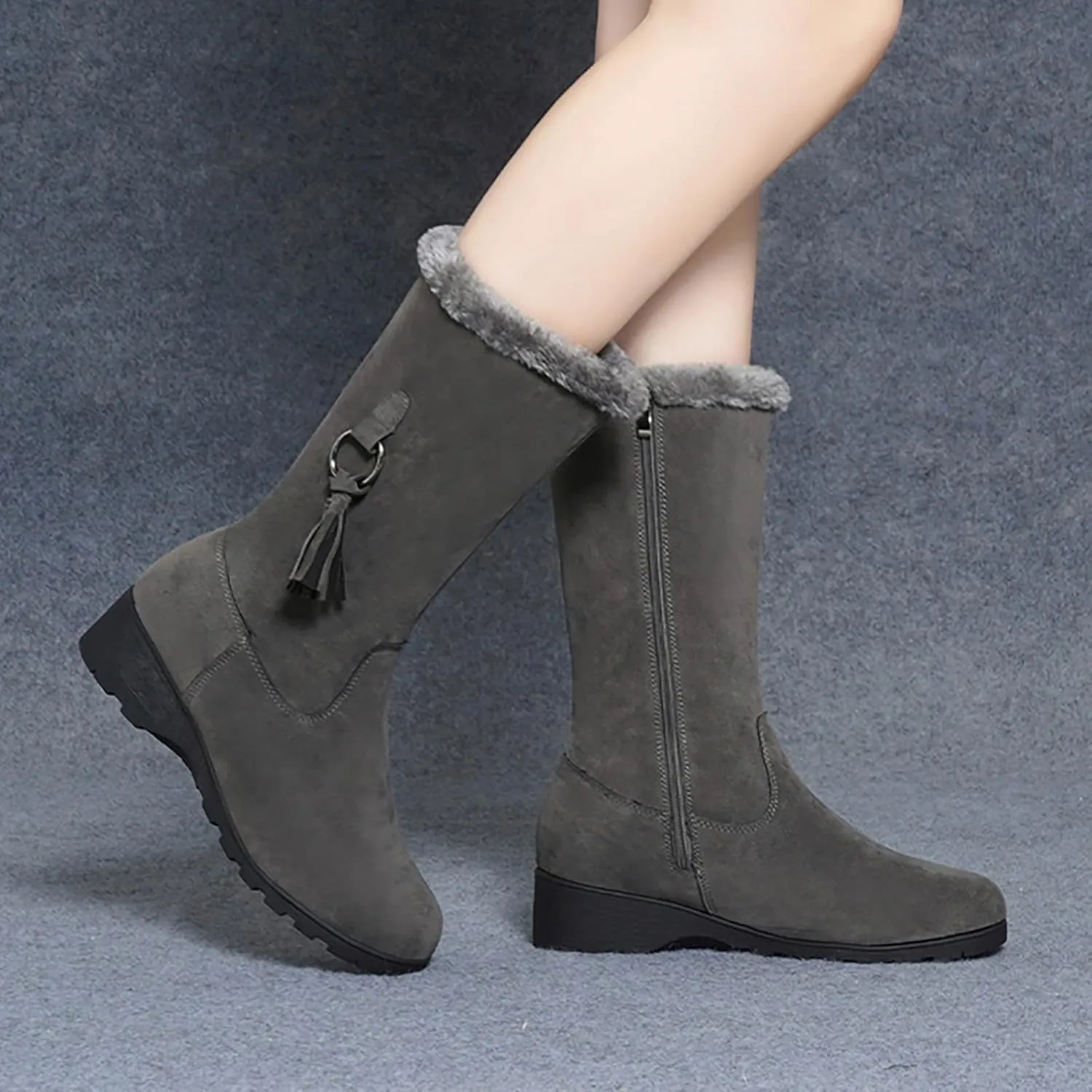 Women's Snow Boots Winter Fashion Mid-Calf Boots Warm Faux Fur-Lined Boots Side Zip Suede Leather Tall Boots