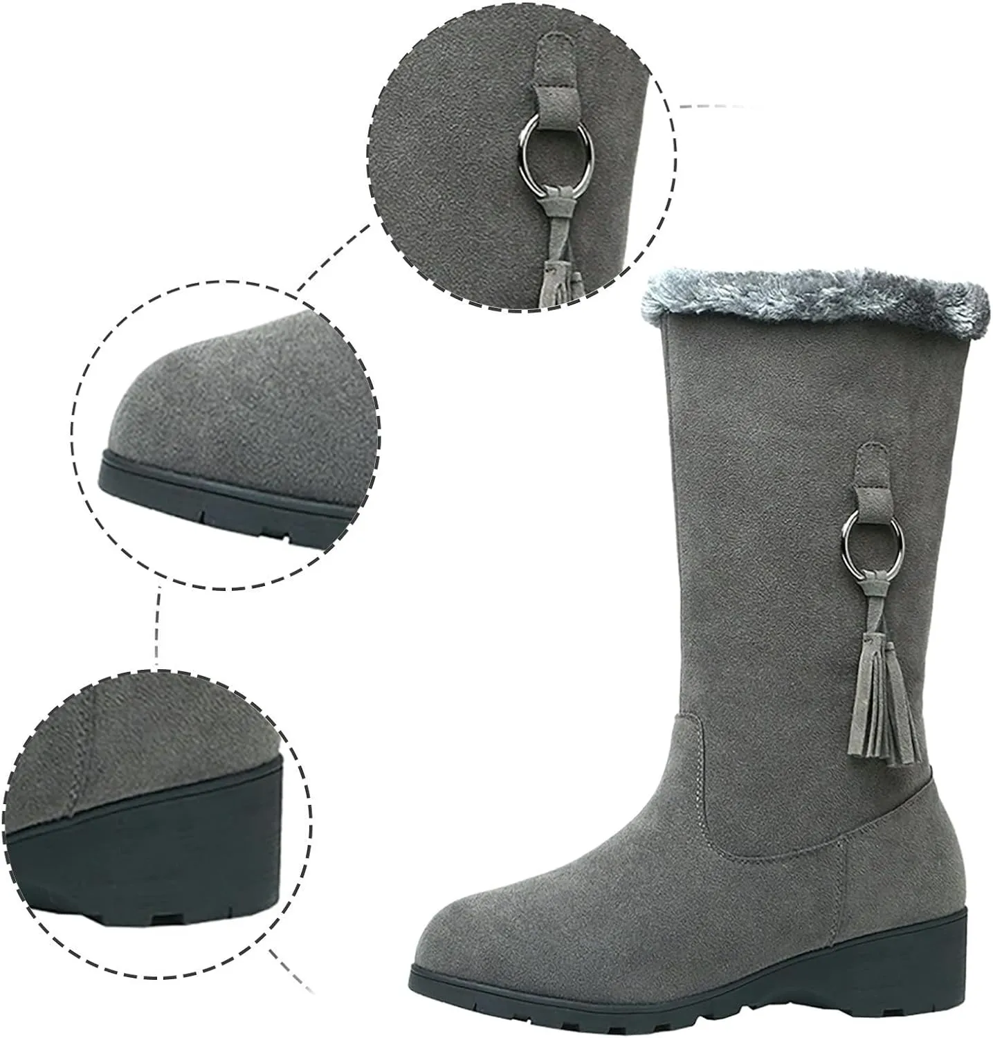 Women's Snow Boots Winter Fashion Mid-Calf Boots Warm Faux Fur-Lined Boots Side Zip Suede Leather Tall Boots