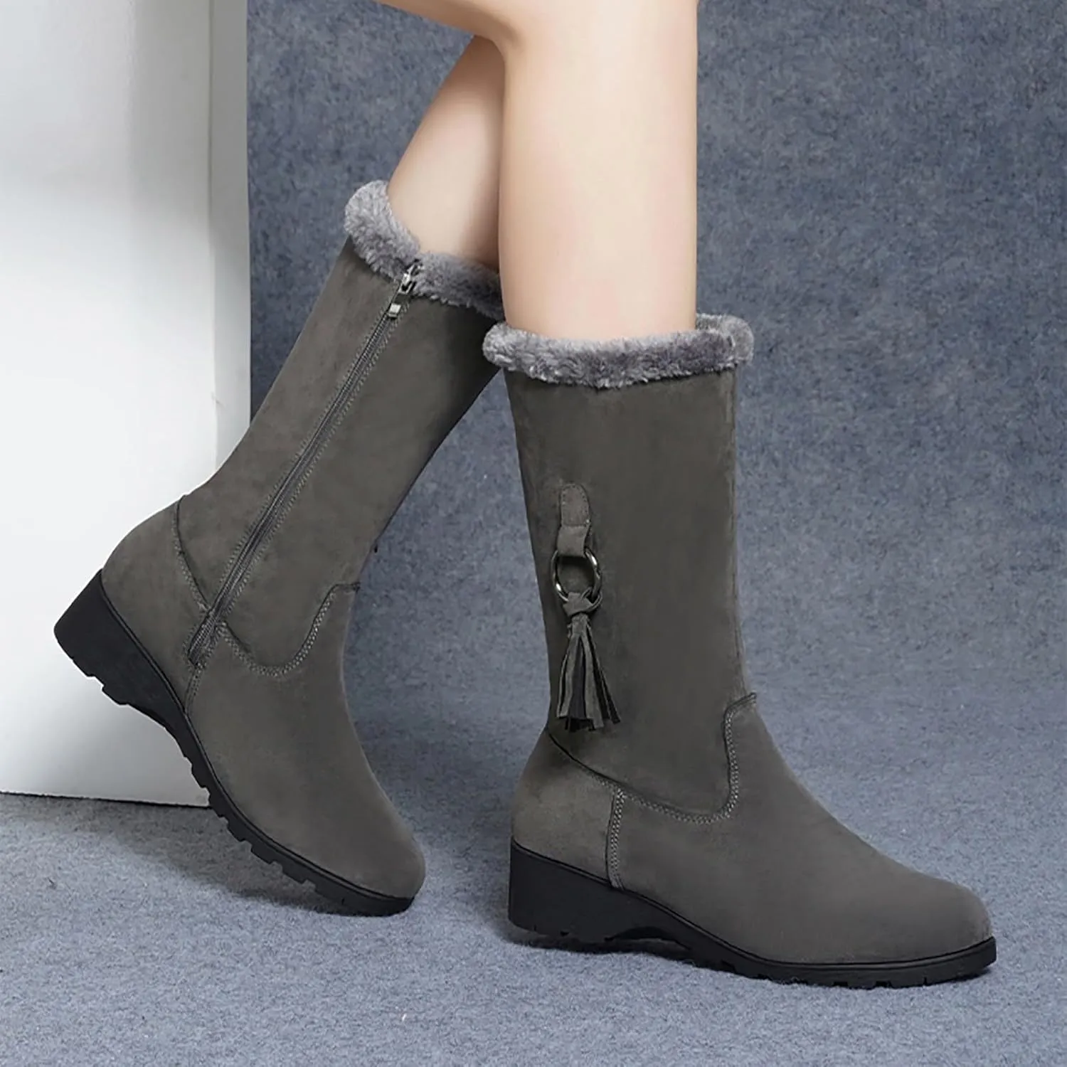 Women's Snow Boots Winter Fashion Mid-Calf Boots Warm Faux Fur-Lined Boots Side Zip Suede Leather Tall Boots