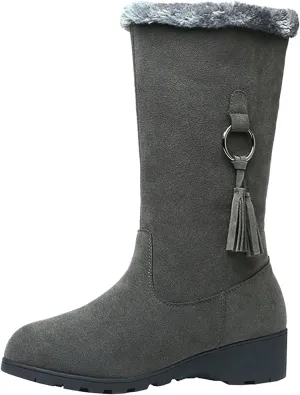 Women's Snow Boots Winter Fashion Mid-Calf Boots Warm Faux Fur-Lined Boots Side Zip Suede Leather Tall Boots