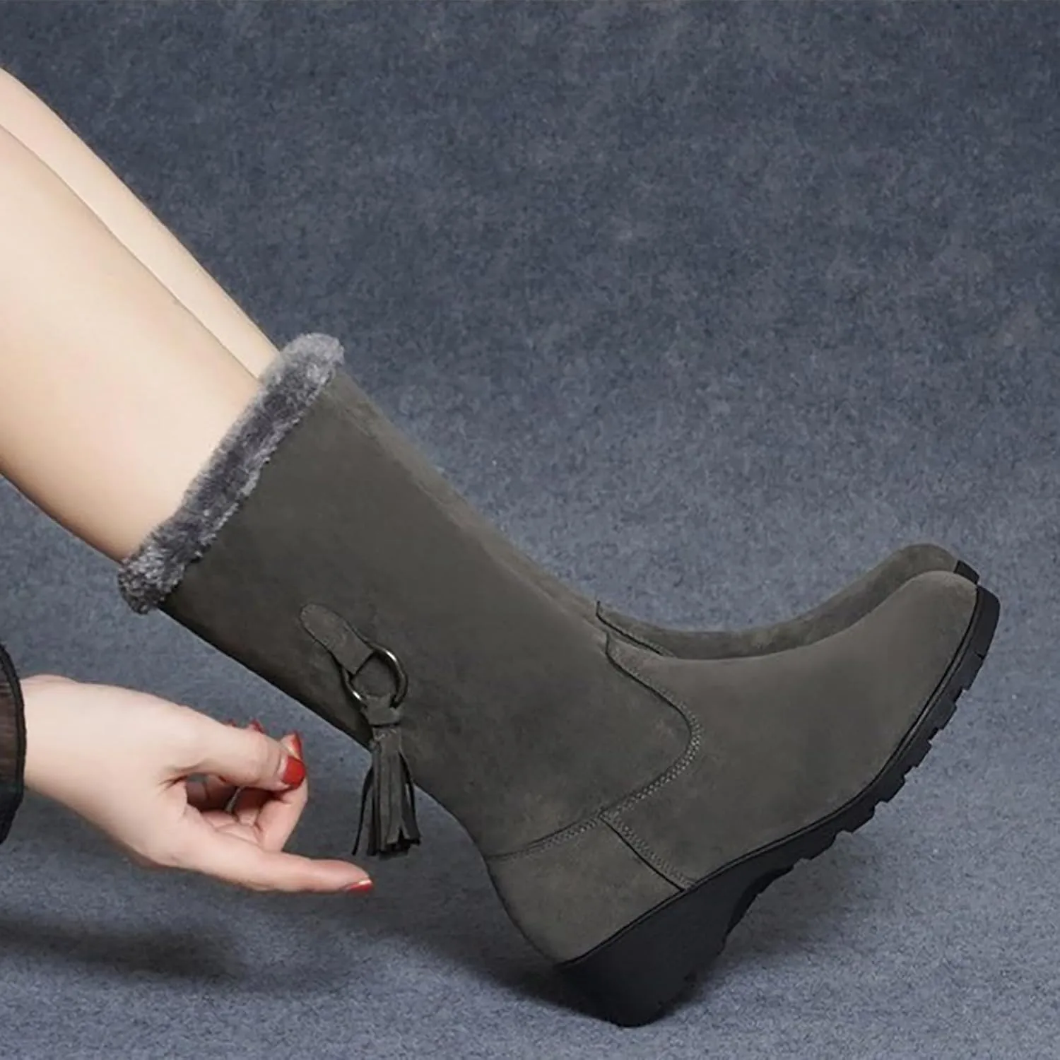 Women's Snow Boots Winter Fashion Mid-Calf Boots Warm Faux Fur-Lined Boots Side Zip Suede Leather Tall Boots