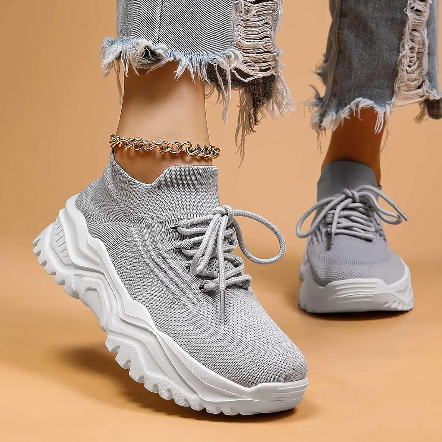 Women's Solid Color Fashion Four Season Lace Up Sneakers Solid Color Flying Woven Running Shoes Women's Water Shoes