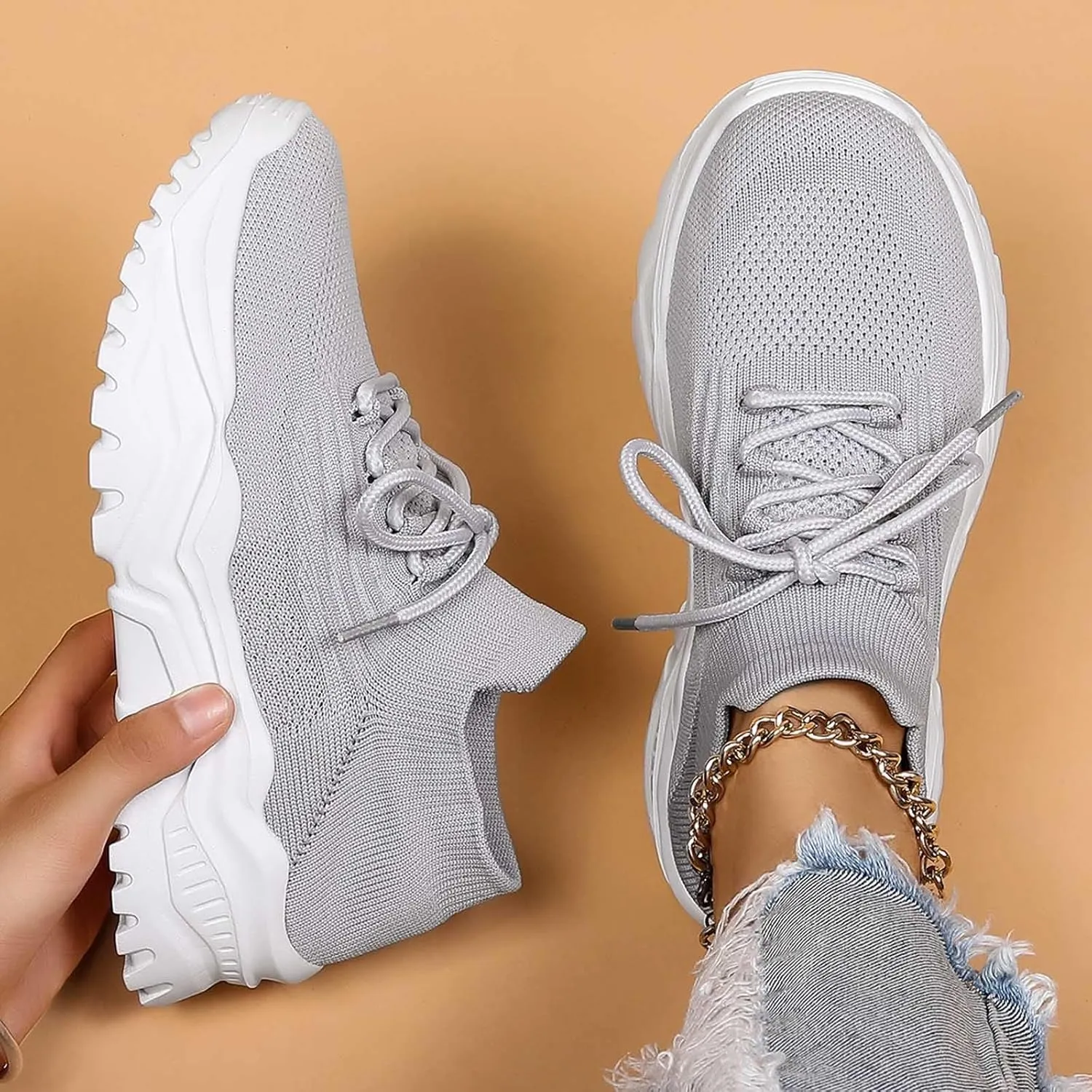 Women's Solid Color Fashion Four Season Lace Up Sneakers Solid Color Flying Woven Running Shoes Women's Water Shoes