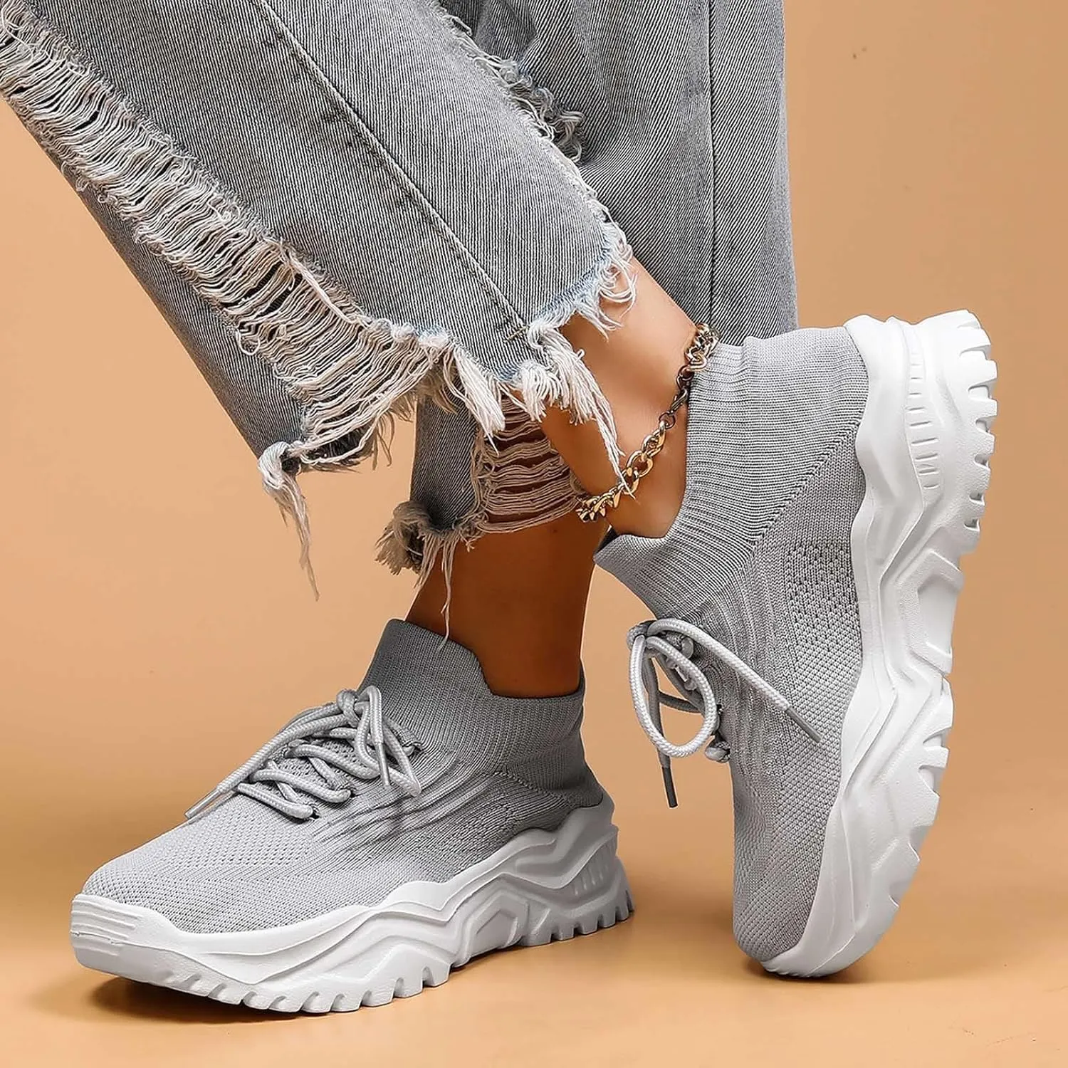 Women's Solid Color Fashion Four Season Lace Up Sneakers Solid Color Flying Woven Running Shoes Women's Water Shoes
