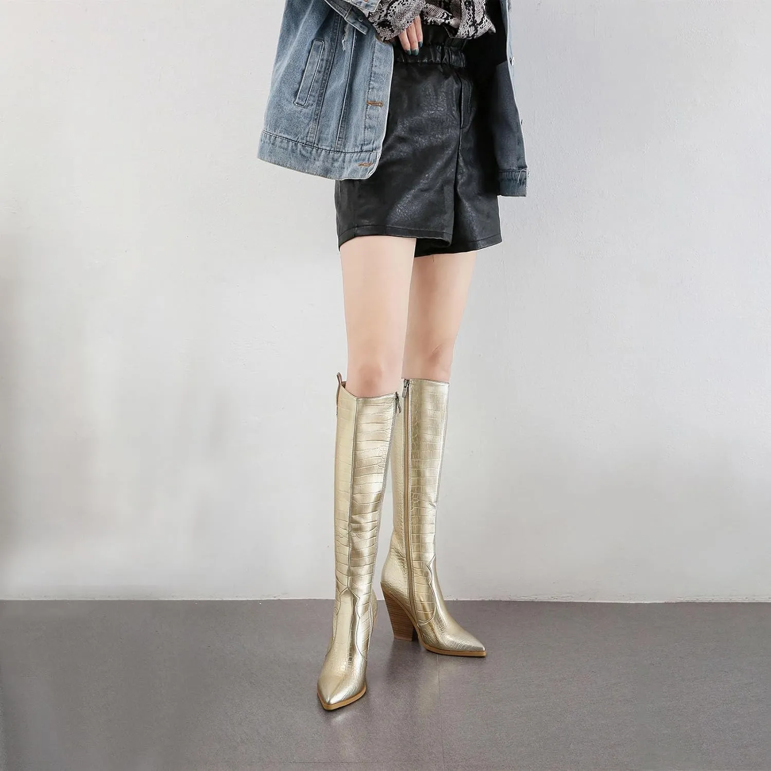 Women's Stacked Chunky Heels Knee High Boots Crocodile Print Western Cowboy Cowgirl Boots Pointed Toe Zipper Long Boots