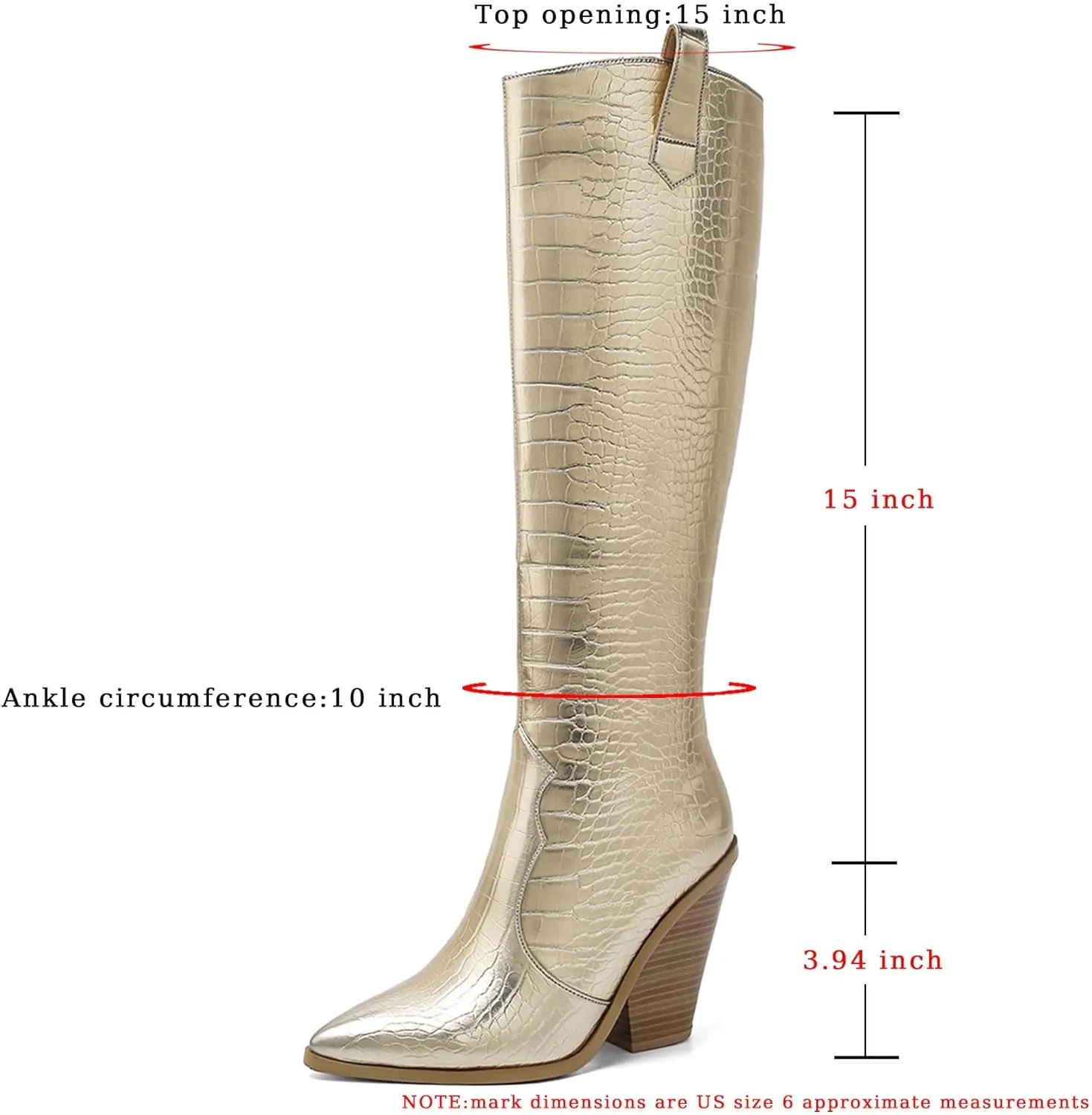 Women's Stacked Chunky Heels Knee High Boots Crocodile Print Western Cowboy Cowgirl Boots Pointed Toe Zipper Long Boots
