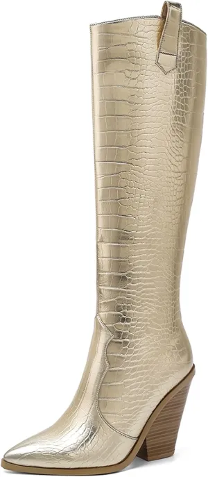 Women's Stacked Chunky Heels Knee High Boots Crocodile Print Western Cowboy Cowgirl Boots Pointed Toe Zipper Long Boots