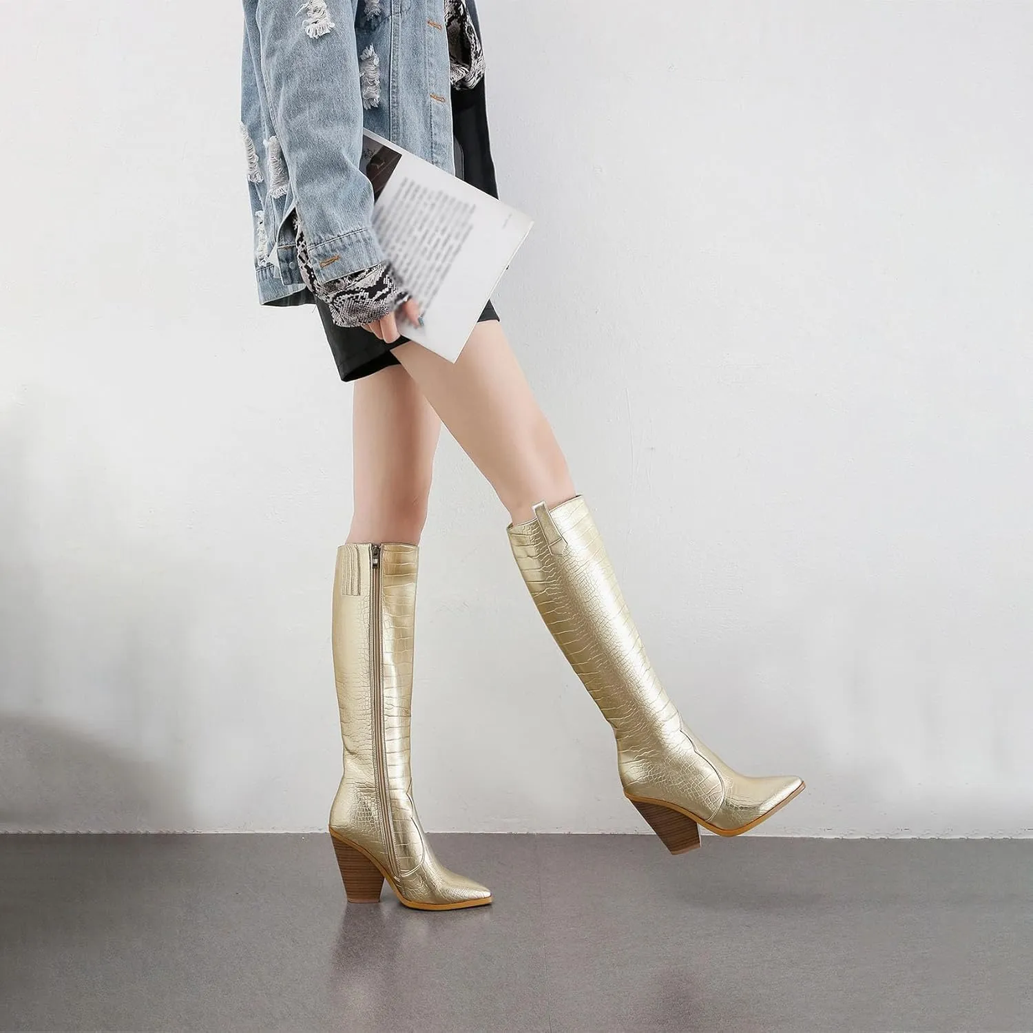 Women's Stacked Chunky Heels Knee High Boots Crocodile Print Western Cowboy Cowgirl Boots Pointed Toe Zipper Long Boots