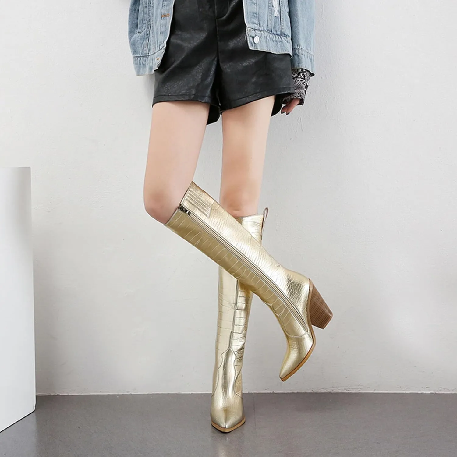 Women's Stacked Chunky Heels Knee High Boots Crocodile Print Western Cowboy Cowgirl Boots Pointed Toe Zipper Long Boots