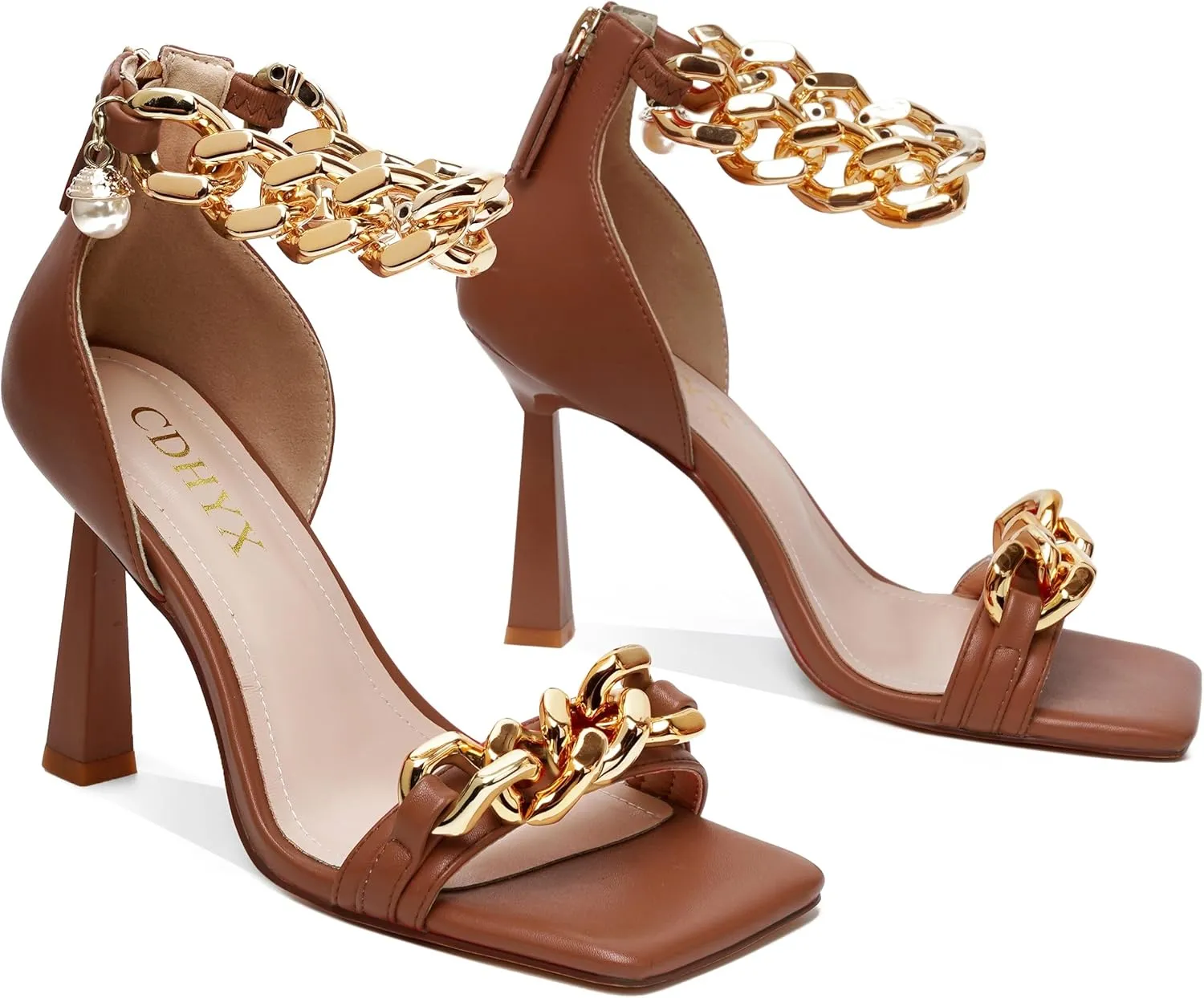 Women's Stiletto High Heels Sexy Square Open Toe Shoes Formal Wedding Party Classic Heeled Sandals with Back Zip Design
