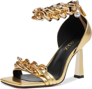 Women's Stiletto High Heels Sexy Square Open Toe Shoes Formal Wedding Party Classic Heeled Sandals with Back Zip Design