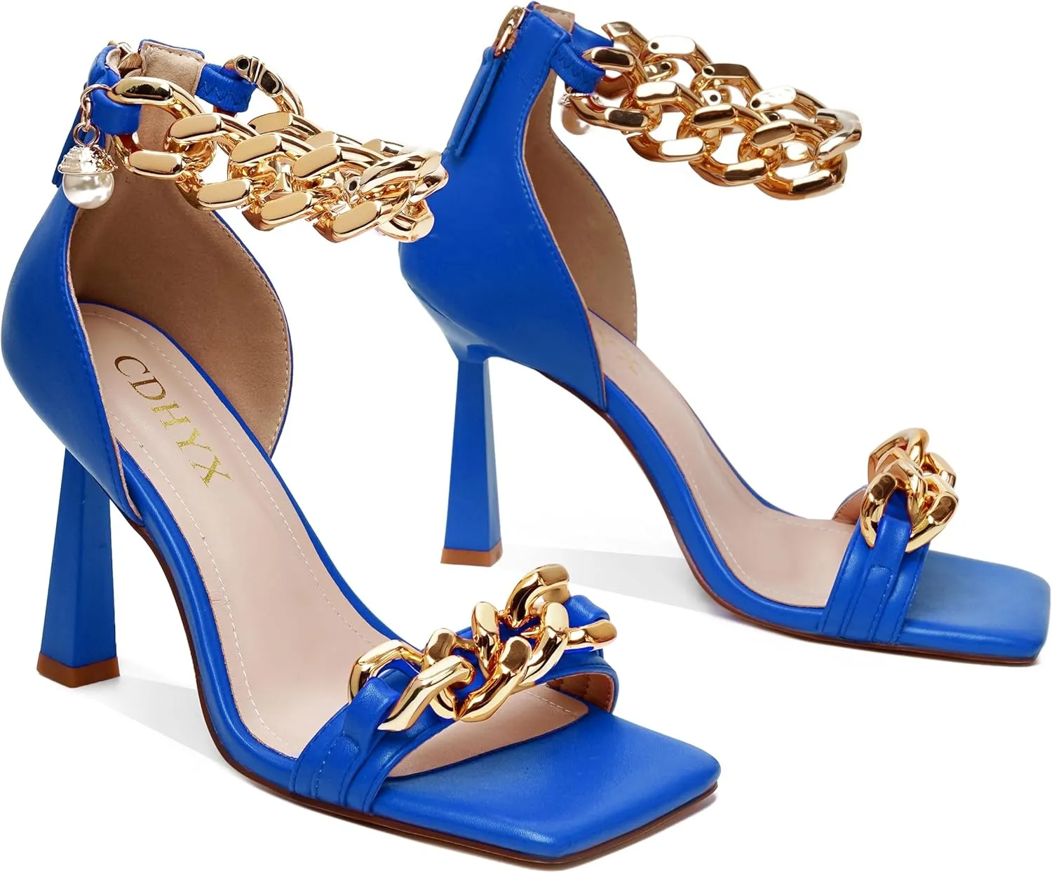 Women's Stiletto High Heels Sexy Square Open Toe Shoes Formal Wedding Party Classic Heeled Sandals with Back Zip Design