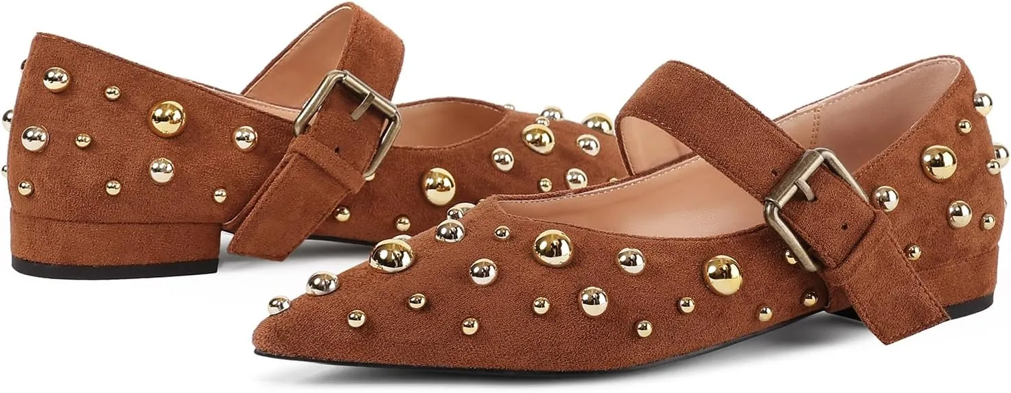 Women's Studded Flats Pointed Toe Mary Jane Flat Shoes